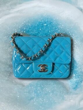🆕💞CHANEL Bright Blue Patent Leather Classic Square Quilted Mini Flap • Silver HW